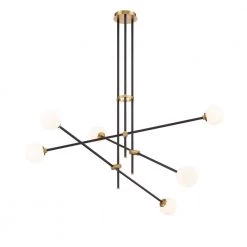 6-Light Black and Aged Brass Chandelier with Etched Opal Glass by George Kovacs