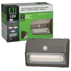 9 in. 150-Watt Equivalent Integrated LED Bronze Motion Sensor Wall Pack Light Dusk to Dawn Lumen Boost 2350 Lumens by ETi -ETi Sales bronze eti wall pack lights 53901111 77 1000