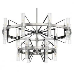 Mass Transit 30-Light Brushed Nickel and Coal Wagon Wheel Pendant with Clear Ribbed Glass Shades by George Kovacs -ETi Sales brushed nickel and coal george kovacs chandeliers p7879 420 l 4f 1000
