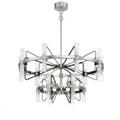 Mass Transit 30-Light Brushed Nickel and Coal Wagon Wheel Pendant with Clear Ribbed Glass Shades by George Kovacs