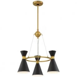 Conic 3-Light Honey Gold Chandelier with Black Metal Shade by George Kovacs
