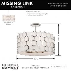 Missing Link 6-Light Polished Nickel Pendant to Semi-Flush Light with Fine White Linen Shades by George Kovacs -ETi Sales polished nickel george kovacs chandeliers p1897 613 1f 1000