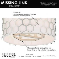 Missing Link 6-Light Polished Nickel Pendant to Semi-Flush Light with Fine White Linen Shades by George Kovacs -ETi Sales polished nickel george kovacs chandeliers p1897 613 40 1000