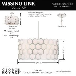 Missing Link 6-Light Polished Nickel Pendant to Semi-Flush Light with Fine White Linen Shades by George Kovacs -ETi Sales polished nickel george kovacs chandeliers p1897 613 4f 1000