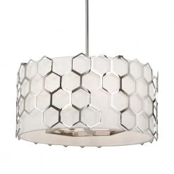 Missing Link 6-Light Polished Nickel Pendant to Semi-Flush Light with Fine White Linen Shades by George Kovacs