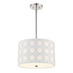 Patchwork 16 in. 3-Light Polished Nickel Drum Pendant with White Faux Leather Shade by George Kovacs