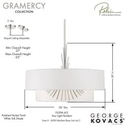 Gramercy 4-Light Polished Nickel Shaded Pendant Light with White Silk Shade by George Kovacs -ETi Sales polished nickel george kovacs chandeliers p5394 613 44 1000