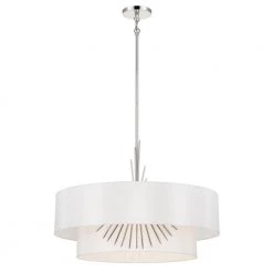 Gramercy 4-Light Polished Nickel Shaded Pendant Light with White Silk Shade by George Kovacs