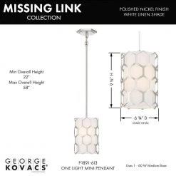 Missing Link 1-Light Polished Nickel Mini-Pendant Light with Fine White Linen Shade by George Kovacs -ETi Sales polished nickel george kovacs pendant lights p1891 613 4f 1000