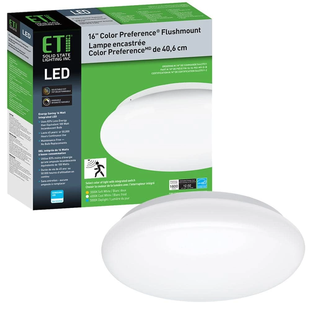 16 in. Step Dimming Motion Sensor Low Profile Color Selectable LED Flush Mount Ceiling Light 1600 Lumens Multi-Volt by ETi 1 16 in. Step Dimming Motion Sensor Low Profile Color Selectable LED Flush Mount Ceiling Light 1600 Lumens Multi-Volt by ETi