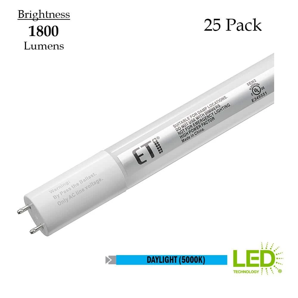 12-Watt 4 ft. Bypass Ballast Linear T8 Power Either End Glass LED Tube Light Bulb, 1800 Lumens 5000K 120-277V (25-Pack) by ETi 2 12-Watt 4 ft. Bypass Ballast Linear T8 Power Either End Glass LED Tube Light Bulb, 1800 Lumens 5000K 120-277V (25-Pack) by ETi - Image 2