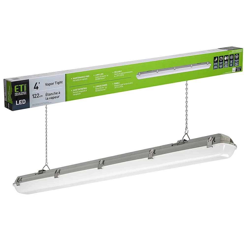 4 ft. 96-Watt Equivalence Integrated LED White Strip Light Fixture Vapor Tight 4000K High Output 5400 Lumens Multi-Volt by ETi 1 4 ft. 96-Watt Equivalence Integrated LED White Strip Light Fixture Vapor Tight 4000K High Output 5400 Lumens Multi-Volt by ETi